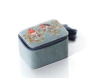 Festive Robin Velvet Jewellery Box With Embroidery And Beads - image 1