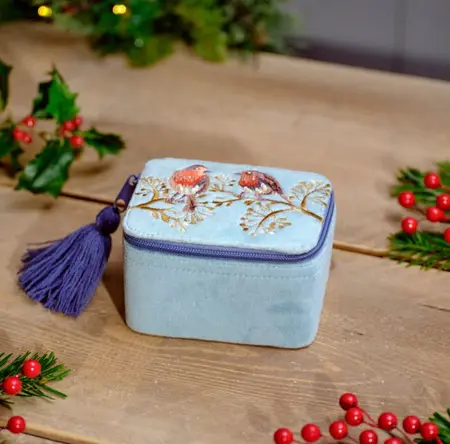 Festive Robin Velvet Jewellery Box With Embroidery And Beads - image 2