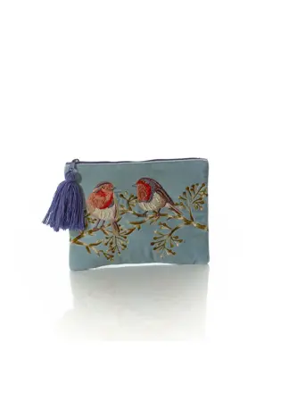 Festive Robin Velvet Pouch With Embroidery And Beads