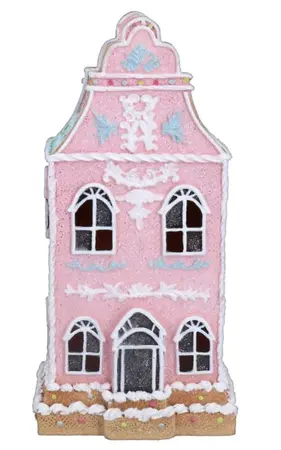 Gingerbread LED Town House w Pink/Blue Trim