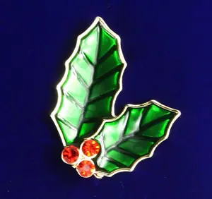 Gold Holly Red Berry Crystal Brooch