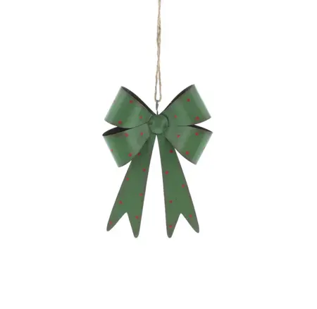 Green Metal Bow Hanging Decoration with Red Polka Dot Detail, 18cm - image 1