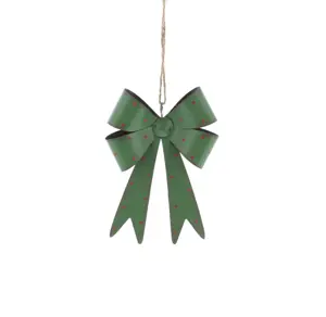 Green Metal Bow Hanging Decoration with Red Polka Dot Detail, 18cm - image 1