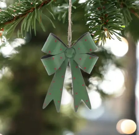 Green Metal Bow Hanging Decoration with Red Polka Dot Detail, 18cm - image 2