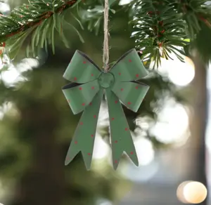 Green Metal Bow Hanging Decoration with Red Polka Dot Detail, 18cm - image 2