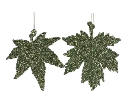 Green Sparkle/Acrylic Leaf Decoration, Assortment of 2