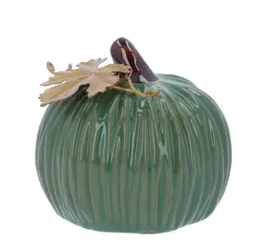 Green Stoneware Mini Pumpkin Ornament with Gold Leaf