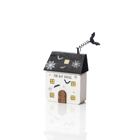 Halloween House Block White Wood With Cobwebs & 3D Bat - image 1