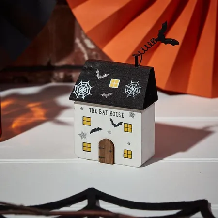 Halloween House Block White Wood With Cobwebs & 3D Bat - image 2