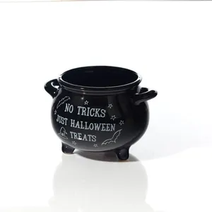 Halloween Treat Holder Cauldron Black Ceramic With White Quote - image 2