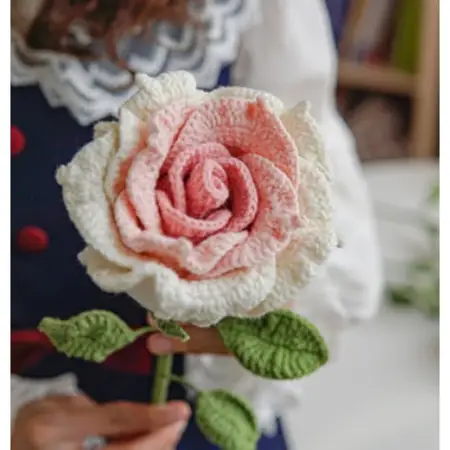 Handmade Crochet White & Pink Rose Stem