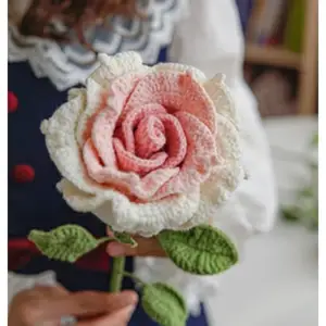 Handmade Crochet White & Pink Rose Stem