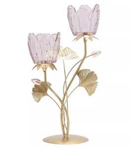 Hestia 2 Stem Candle Holder With Blush Pink Glass On Gold Base - image 1
