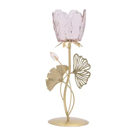 Hestia Single Stem Candle Holder With Blush Pink Glass On Gold Base - image 1