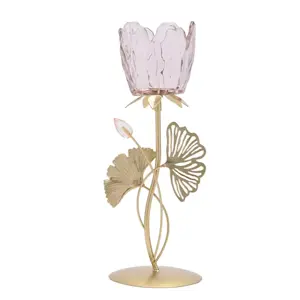 Hestia Single Stem Candle Holder With Blush Pink Glass On Gold Base - image 1