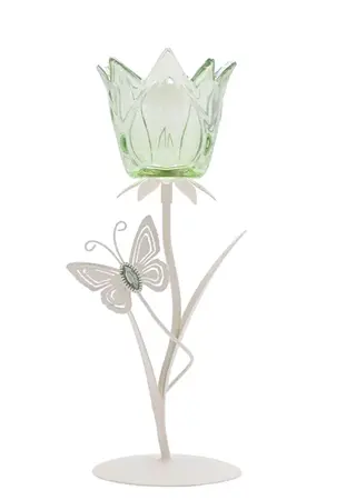 Hestia Single Stem Candle Holder With Green Glass And Butterflies On Matte Off White Base - image 1