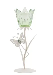 Hestia Single Stem Candle Holder With Green Glass And Butterflies On Matte Off White Base - image 1