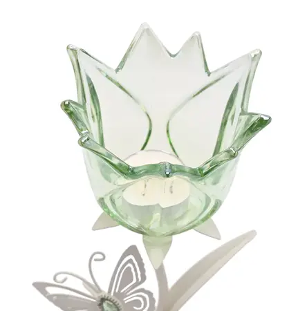 Hestia Single Stem Candle Holder With Green Glass And Butterflies On Matte Off White Base - image 2