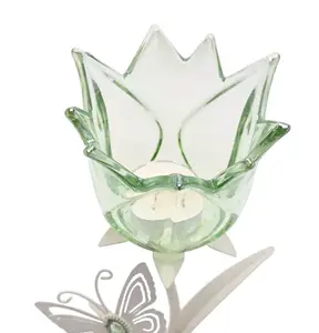 Hestia Single Stem Candle Holder With Green Glass And Butterflies On Matte Off White Base - image 2