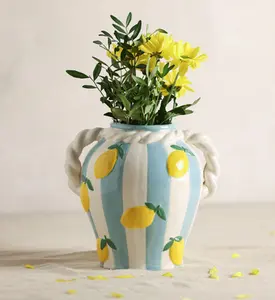 Hestia Striped Vase With Lemons And Rope Effect Handle - image 4