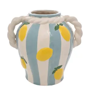 Hestia Striped Vase With Lemons And Rope Effect Handle - image 1