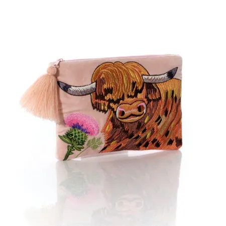 Highland Cow And Thistle Velvet Fabric Embroidery With Glass Beads Pouch - image 1