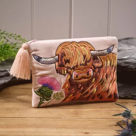 Highland Cow And Thistle Velvet Fabric Embroidery With Glass Beads Pouch - image 3