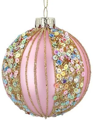 Matt Pink Glass Ball w Multi Sequin Stripes