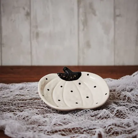 Monochrome Pumpkin Dish White Ceramic With Black Spots