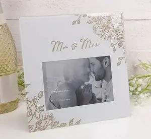 'Mr & Mrs' Pale Grey Glass Gold Floral Frame 4" x 6" - image 2