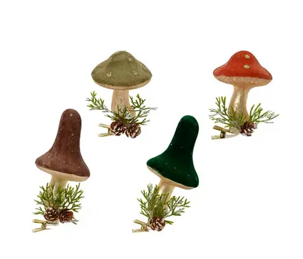 Mushroom glass top part flock finish top part w dots, bottom part in gold w branches and pinecone 4ass