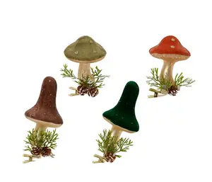 Mushroom glass top part flock finish top part w dots, bottom part in gold w branches and pinecone 4ass