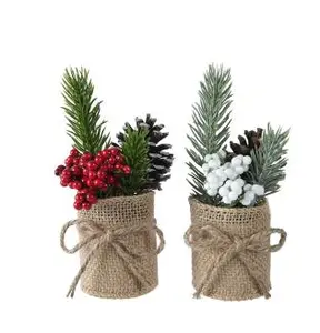 Pine spray in jute pot with white or red berries 2col ass indoor