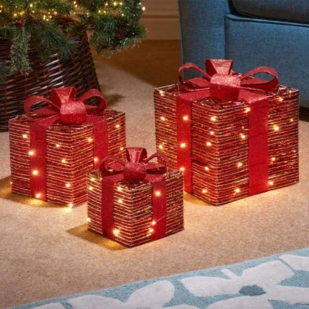 Set of 3 Light Up Red & Gold Christmas Gift Boxes - image 2