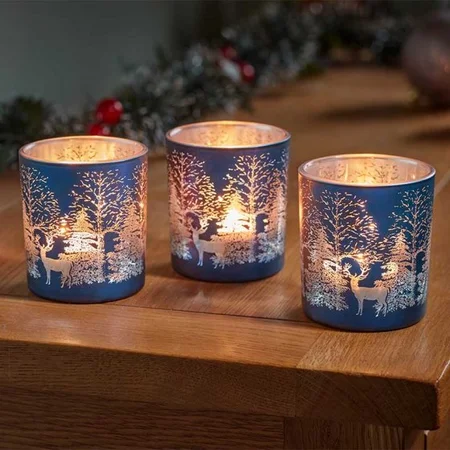 Set of 3 Sapphire Wonderland Christmas Tealight Holders