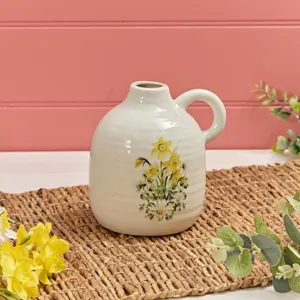 Stoneware  Daffodil And Daisy Vase With Handle Ribbed Effect