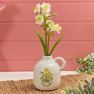 Stoneware  Daffodil And Daisy Vase With Handle Ribbed Effect - image 3