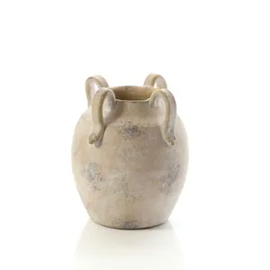 Terracotta Rustic Finish Round Vase With Decorative Handles