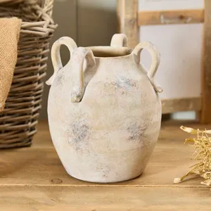 Terracotta Rustic Finish Round Vase With Decorative Handles - image 2