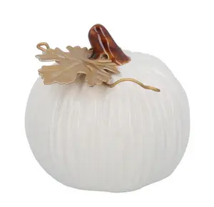 White Stoneware Mini Pumpkin Orn w Gold Leaf