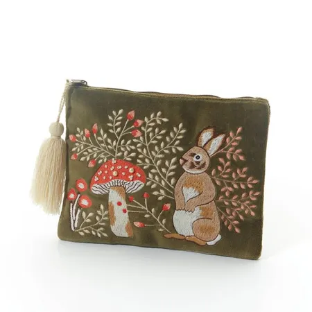 Woodland Rustic Hare Pouch Green Velvet Embroidered Fabric - image 1