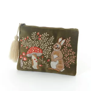 Woodland Rustic Hare Pouch Green Velvet Embroidered Fabric - image 1