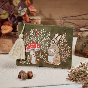 Woodland Rustic Hare Pouch Green Velvet Embroidered Fabric - image 2