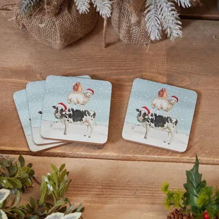 Xmas Farm Animal Stack Coaster 4/Box Heat Resistant Wood