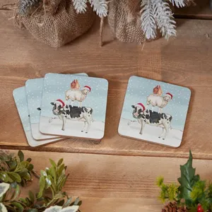 Xmas Farm Animal Stack Coaster 4/Box Heat Resistant Wood