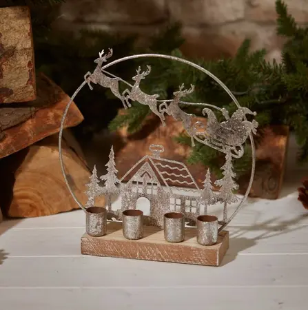 Xmas Metal Silver Candle Holder Santa With House On Wood Base