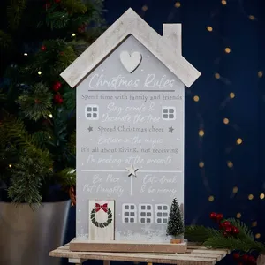 Xmas Rules House Plaque Grey Wood With 3D Heart & Tree