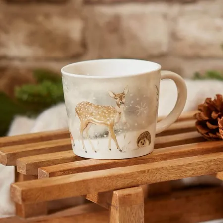 Xmas Woodland Animal Mug White Stoneware With Snowflakes